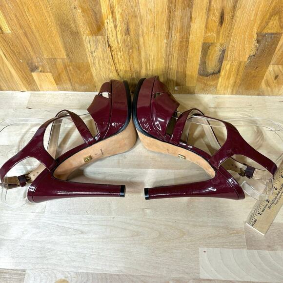 Pour le Victoire Burgundy Patent Leather Platform Strappy Heels 9 - Picture 10 of 12